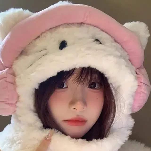 雅鹿 可爱猫咪耳机 一体帽秋冬季加绒加厚保暖百搭学生大头围显脸小户外骑车防寒二件套 聚酯纤维 斗篷帽 男女同款情侣款