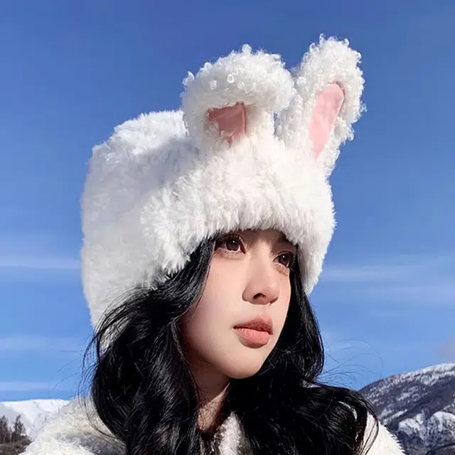雅鹿 甜美可爱兔保暖加厚显脸小针织户外骑行拍照神器护耳防寒学生防风 聚酯纤维 绒线帽 男女同款情侣款 礼盒装