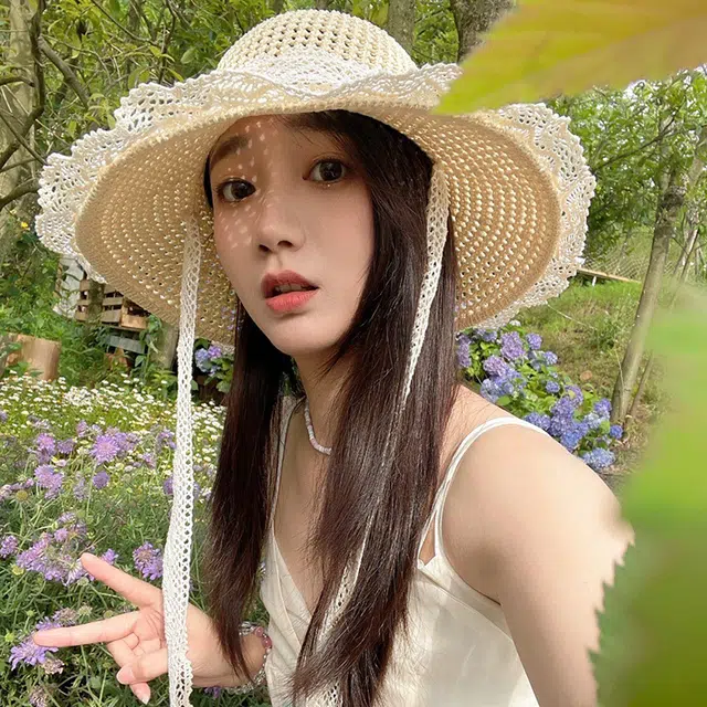 雅鹿 大帽檐遮阳夏季海边透气草编遮脸蕾丝花边草帽时尚百搭 腈纶 防晒帽 女款