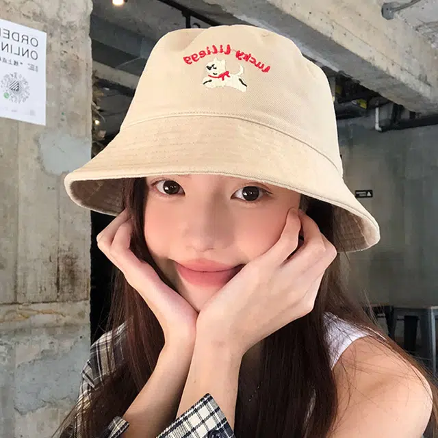 雅鹿 可爱小狗刺绣宽檐软顶盆帽户外出行遮阳遮阳运动风时尚潮流百搭大头围显脸小水桶帽 棉 渔夫帽 男女同款情侣款