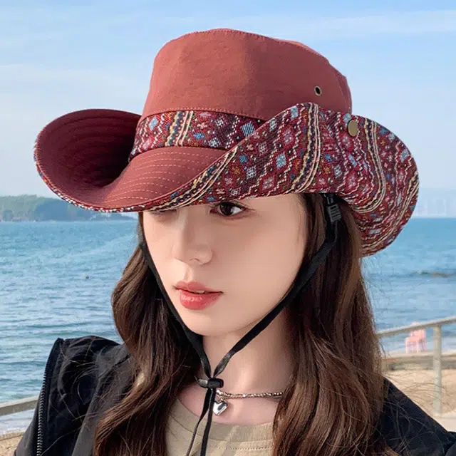 雅鹿 欧美高颜值显脸小彩色提花大沿户外登山露营大檐防晒遮阳 聚酯纤维 渔夫帽 男女同款情侣款