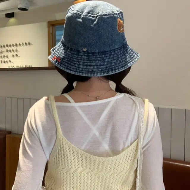 雅鹿 日系可爱小熊蝴蝶结甜美复古做旧显脸小户外登山露营大檐透气防晒遮阳 牛仔布 渔夫帽 男女同款情侣款