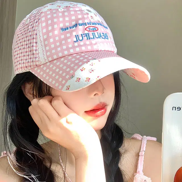 雅鹿 小清新碎花格纹拼接户外出游防晒遮阳时尚潮流百搭大头围显脸小 棉 鸭舌帽 男女同款情侣款