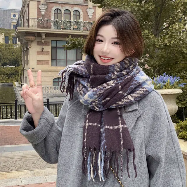 雅鹿 千鸟格撞色保暖加厚仿羊绒流苏显白两用披肩 秋冬季针织御寒防风百搭学生围脖 聚酯纤维 绒线围巾 男女同款情侣款 礼盒装