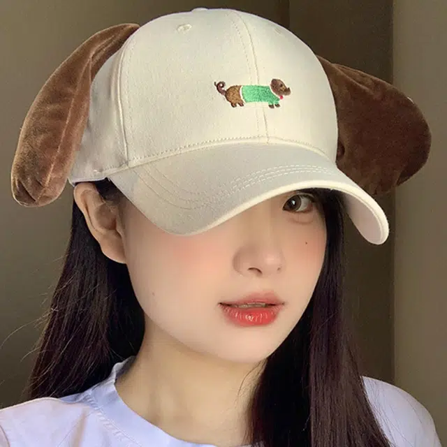 雅鹿 可爱腊肠狗刺绣耳朵会响户外出游防晒遮阳学院风学生时尚潮流百搭大头围显脸小 棉 鸭舌帽 男女同款情侣款