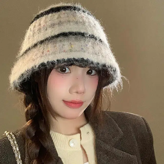 雅鹿 秋冬季条纹撞色保暖加厚针织毛绒盆帽户外骑行防寒加绒百搭大头围显脸小毛线水桶帽 棉 渔夫帽 男女同款情侣款 礼盒装