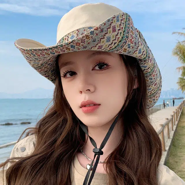 雅鹿 欧美高颜值显脸小彩色提花大沿户外登山露营大檐防晒遮阳 聚酯纤维 渔夫帽 男女同款情侣款
