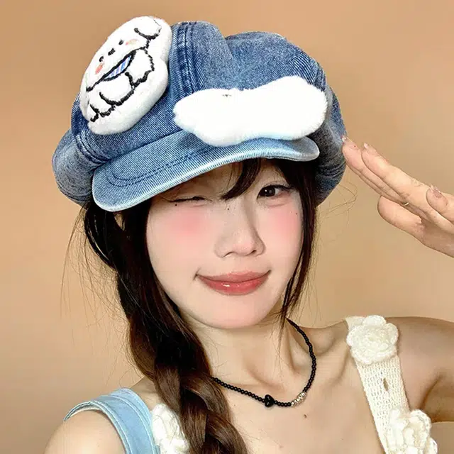 雅鹿 时尚休闲日系可爱小狗复古文艺水洗云朵百搭显脸小防晒遮阳 牛仔布 贝雷帽 女款