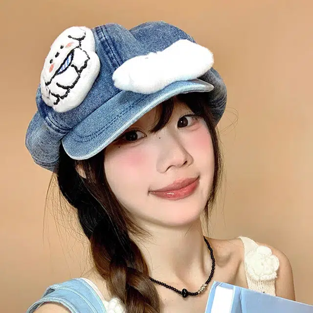 雅鹿 时尚休闲日系可爱小狗复古文艺水洗云朵百搭显脸小防晒遮阳 牛仔布 贝雷帽 女款