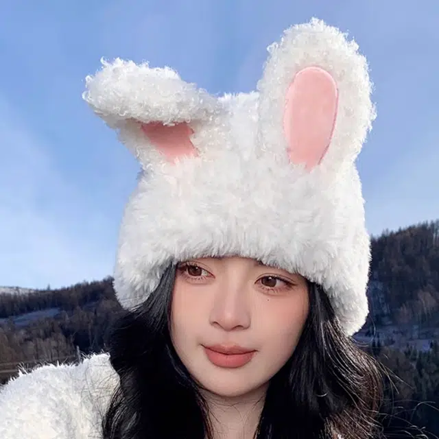 雅鹿 甜美可爱兔保暖加厚显脸小针织户外骑行拍照神器护耳防寒学生防风 聚酯纤维 绒线帽 男女同款情侣款 礼盒装
