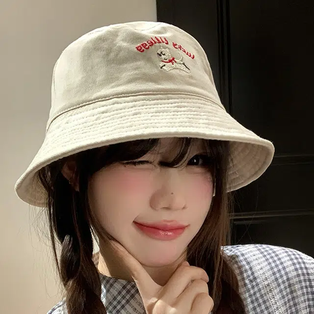 雅鹿 可爱小狗刺绣宽檐软顶盆帽户外出行遮阳遮阳运动风时尚潮流百搭大头围显脸小水桶帽 棉 渔夫帽 男女同款情侣款