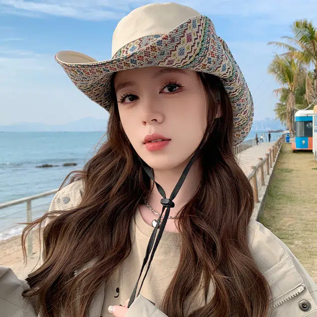 雅鹿 欧美高颜值显脸小彩色提花大沿户外登山露营大檐防晒遮阳 聚酯纤维 渔夫帽 男女同款情侣款