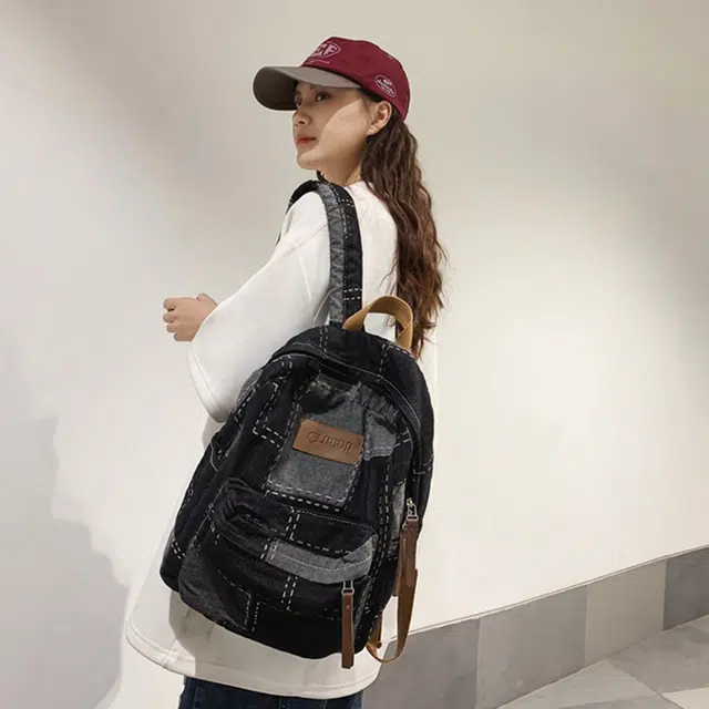 雅鹿 时尚水洗复古拼接出游初高中大学生通勤学院风百搭旅行 牛仔布拼涤纶 双肩包 男女同款情侣款 黑色/蓝色