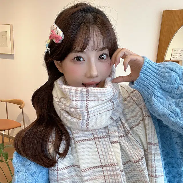 雅鹿 秋冬季甜美小清新条纹格子保暖加厚显白流苏时尚简约文艺百搭防寒护颈学生毛绒围脖 聚酯纤维 绒线围巾 男女同款情侣款