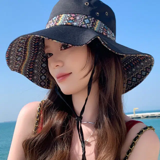 雅鹿 欧美高颜值显脸小彩色提花大沿户外登山露营大檐防晒遮阳 聚酯纤维 渔夫帽 男女同款情侣款