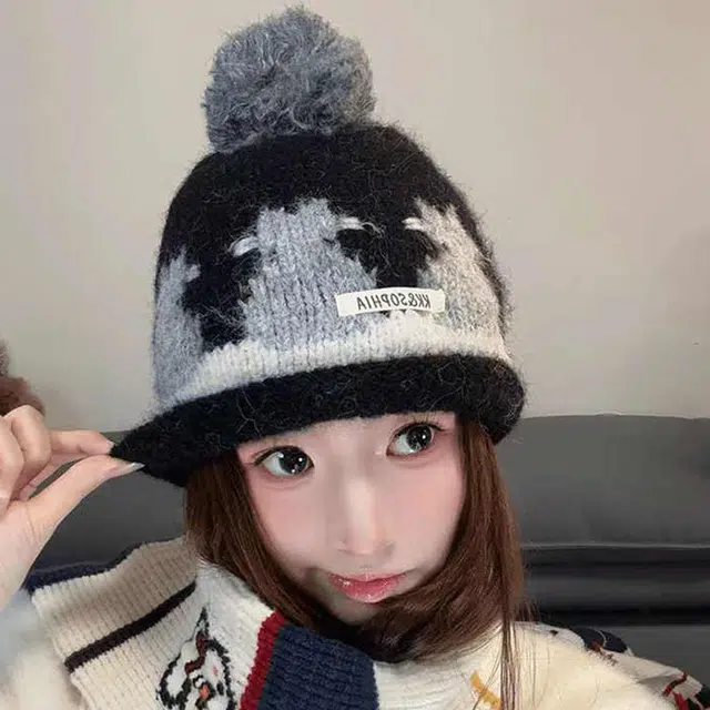 雅鹿 韩系猫咪针织撞色毛线帽秋冬季保暖加厚加厚套头帽户外骑行时尚百搭护耳显脸小套头帽 聚酯纤维 绒线帽 男女同款情侣款 礼盒装