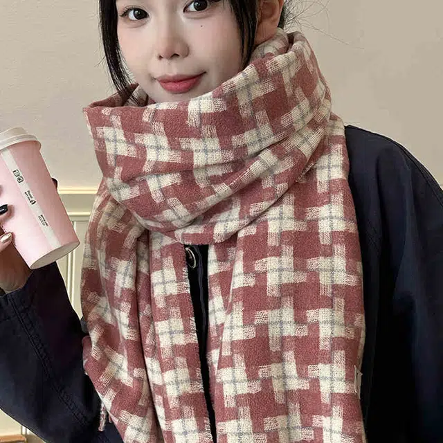 雅鹿 秋冬季英伦风格子条纹保暖加厚流苏显白针织围脖时尚简约防寒护颈学生百搭两用披肩 聚酯纤维 绒线围巾 男女同款情侣款