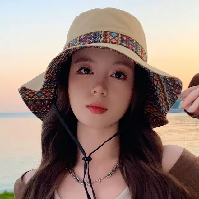 雅鹿 欧美高颜值显脸小彩色提花大沿户外登山露营大檐防晒遮阳 聚酯纤维 渔夫帽 男女同款情侣款