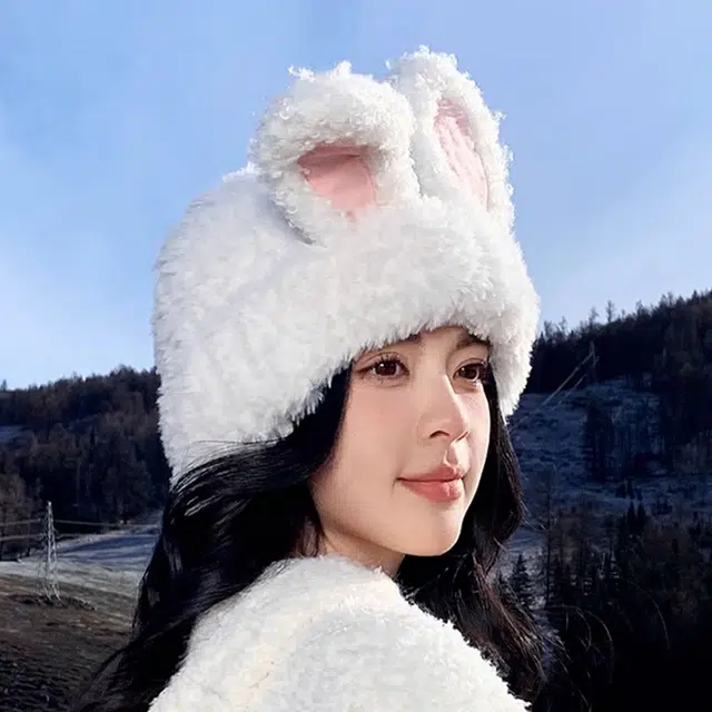 雅鹿 甜美可爱兔保暖加厚显脸小针织户外骑行拍照神器护耳防寒学生防风 聚酯纤维 绒线帽 男女同款情侣款 礼盒装