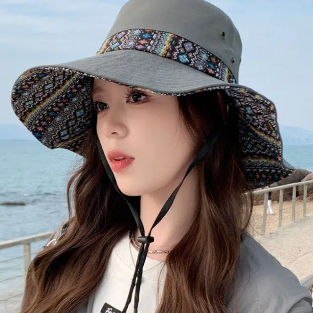 雅鹿 欧美高颜值显脸小彩色提花大沿户外登山露营大檐防晒遮阳 聚酯纤维 渔夫帽 男女同款情侣款
