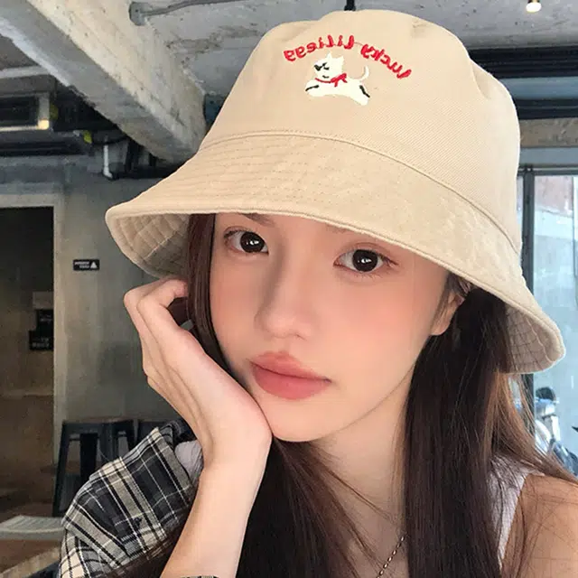 雅鹿 可爱小狗刺绣宽檐软顶盆帽户外出行遮阳遮阳运动风时尚潮流百搭大头围显脸小水桶帽 棉 渔夫帽 男女同款情侣款