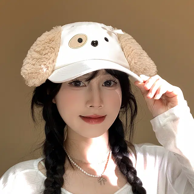 雅鹿 可爱卡通小狗刺绣户外出行防晒遮阳蝴蝶结耳朵时尚潮流学生百搭大头围显脸小 棉 帽子 男女同款情侣款