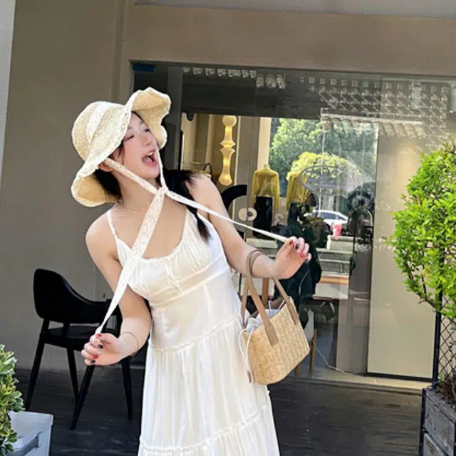 雅鹿 大帽檐遮阳夏季海边透气草编遮脸蕾丝花边草帽时尚百搭 腈纶 防晒帽 女款