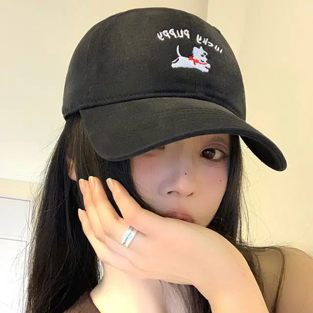 雅鹿 日系可爱卡通小狗刺绣软顶春夏季休闲遮阳防晒学院风学生时尚百搭大头围显脸小 棉 鸭舌帽 男女同款情侣款