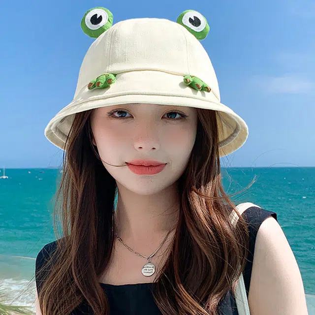 雅鹿 时尚潮流透气日系个性时尚甜美搞怪青蛙户外登山露营宽檐防晒遮阳 棉 渔夫帽 男女同款情侣款