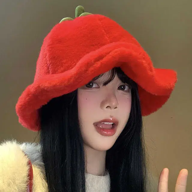 雅鹿 秋冬季甜美保暖毛绒小番茄卷边盆帽冬天保暖显脸小穿搭拍照渔夫帽 棉 绒线帽 男女同款情侣款 礼盒装