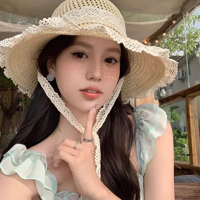 雅鹿 大帽檐遮阳夏季海边透气草编遮脸蕾丝花边草帽时尚百搭 腈纶 防晒帽 女款