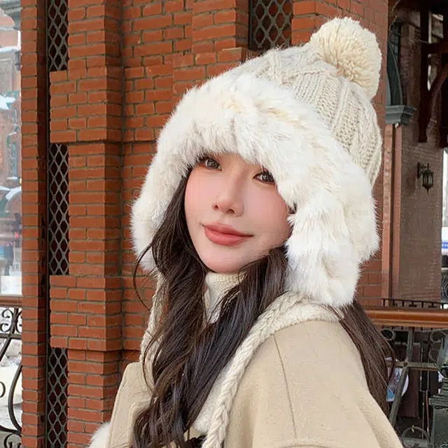 雅鹿 秋冬毛线帽韩版甜美可爱毛球护耳加绒保暖针织帽户外骑车防寒百搭显脸小雷锋帽 棉 绒线帽 男女同款情侣款 礼盒装