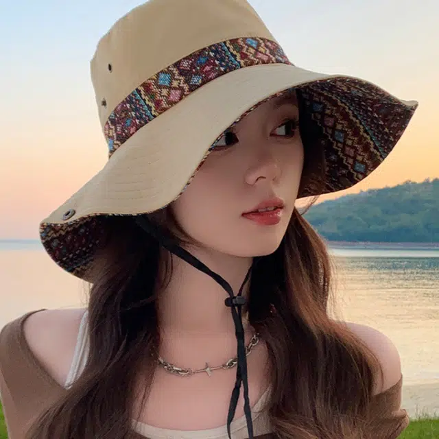 雅鹿 欧美高颜值显脸小彩色提花大沿户外登山露营大檐防晒遮阳 聚酯纤维 渔夫帽 男女同款情侣款