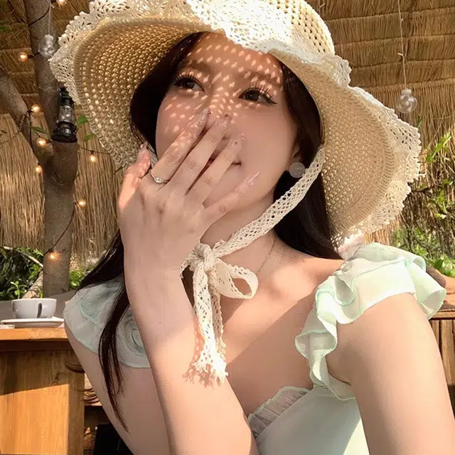 雅鹿 大帽檐遮阳夏季海边透气草编遮脸蕾丝花边草帽时尚百搭 腈纶 防晒帽 女款
