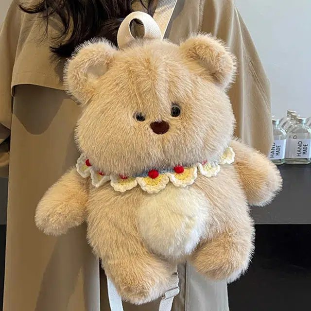 雅鹿 可爱熊公仔布偶娃娃多功能通勤 毛绒 双肩包 女款 奶茶小熊/奶糖小兔