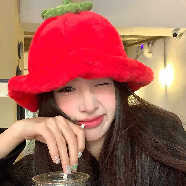 雅鹿 秋冬季甜美保暖毛绒小番茄卷边盆帽冬天保暖显脸小穿搭拍照渔夫帽 棉 绒线帽 男女同款情侣款 礼盒装