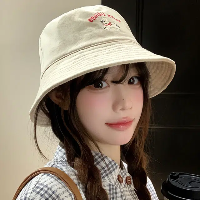 雅鹿 可爱小狗刺绣宽檐软顶盆帽户外出行遮阳遮阳运动风时尚潮流百搭大头围显脸小水桶帽 棉 渔夫帽 男女同款情侣款