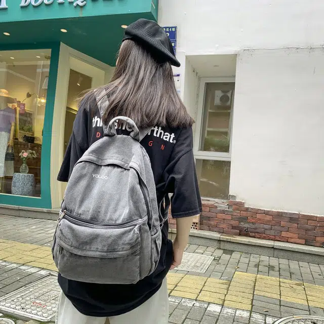 雅鹿 时尚简约纯色复古通勤 牛仔布 双肩包 常规 女款 深灰色/浅蓝色