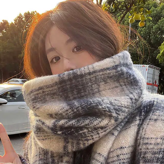 雅鹿 秋冬季撞色条纹格子保暖加厚流苏显白两用披肩高级感仿羊绒户外防寒护颈学生防风毛绒围脖 涤纶 绒线围巾 男女同款情侣款 礼盒装