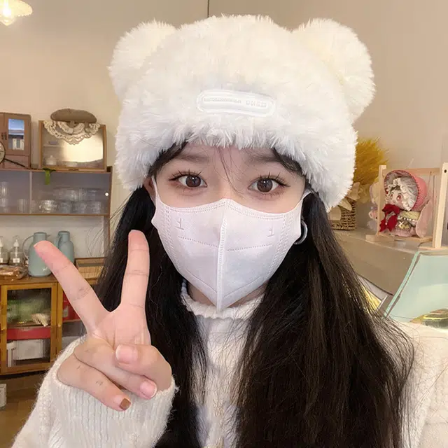 雅鹿 秋冬季可爱小熊耳朵毛绒护耳针织帽户外骑行防寒加绒百搭大头围显脸小套头帽 棉 绒线帽 男女同款情侣款 礼盒装