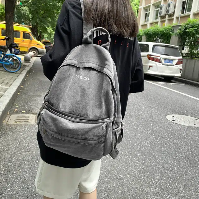 雅鹿 时尚简约纯色复古通勤 牛仔布 双肩包 常规 女款 深灰色/浅蓝色