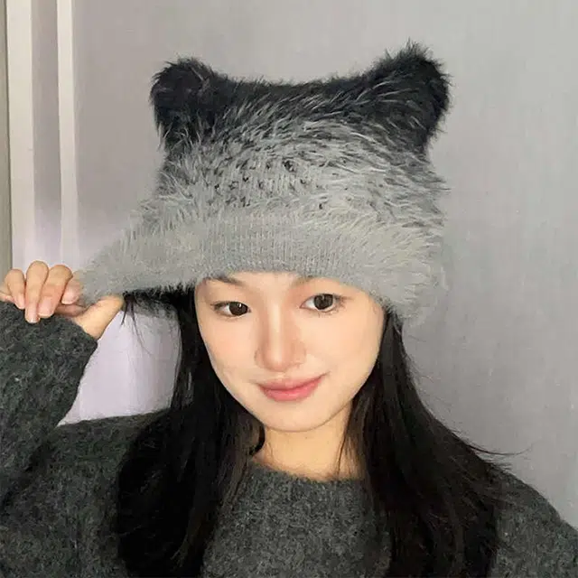 雅鹿 秋冬季渐变色混线针织猫耳帽户外骑车保暖毛绒包头帽休闲个性百搭学生显脸小毛线帽 棉 绒线帽 男女同款情侣款 礼盒装