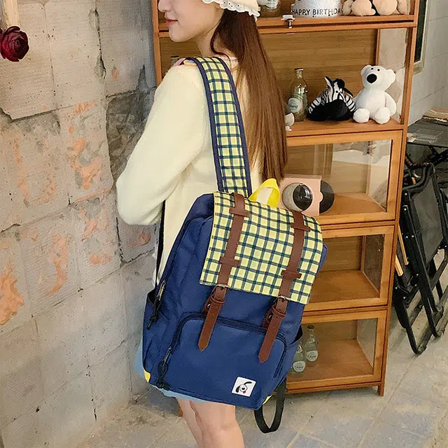 雅鹿 时尚复古小清新格子拼接上课通勤防泼水 尼龙 双肩包 常规 男女同款情侣款 多色
