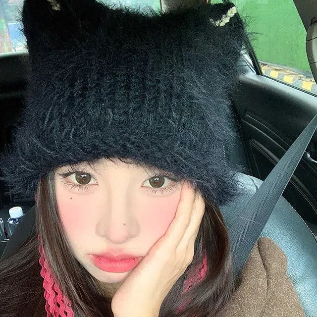 雅鹿 可爱猫耳流苏毛线帽秋冬季保暖加厚时尚防寒百搭毛绒显脸小学生百搭针织帽 棉 绒线帽 男女同款情侣款 礼盒装