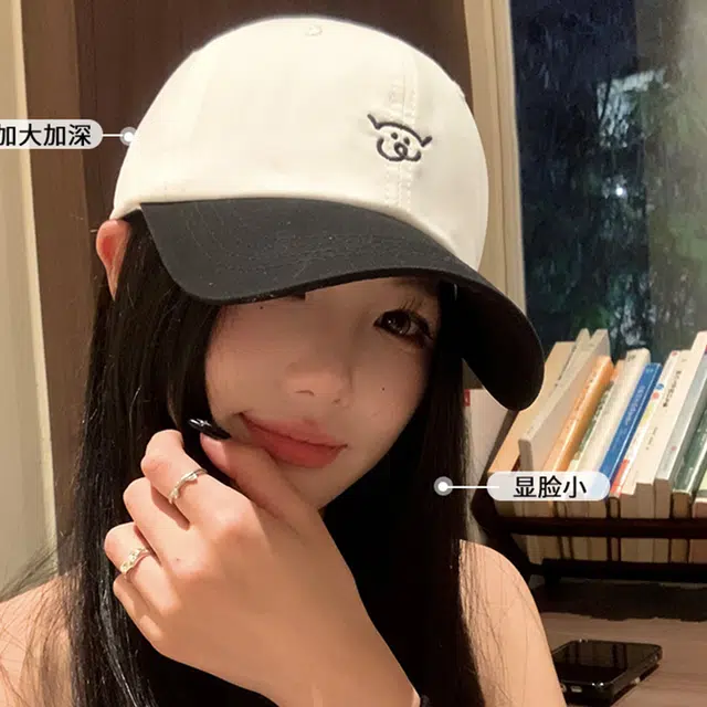 雅鹿 可爱小猪刺绣拼色软顶户外出游防晒遮阳时尚潮流百搭学生防晒遮阳大头围显脸小 棉 鸭舌帽 男女同款情侣款