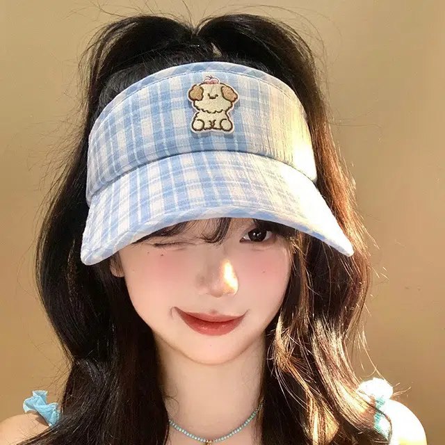 雅鹿 时尚韩系高颜值可爱格纹小狗防紫外线户外显脸小空顶遮阳太阳 棉 防晒帽 男女同款情侣款