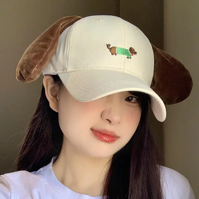 雅鹿 可爱腊肠狗刺绣耳朵会响户外出游防晒遮阳学院风学生时尚潮流百搭大头围显脸小 棉 鸭舌帽 男女同款情侣款