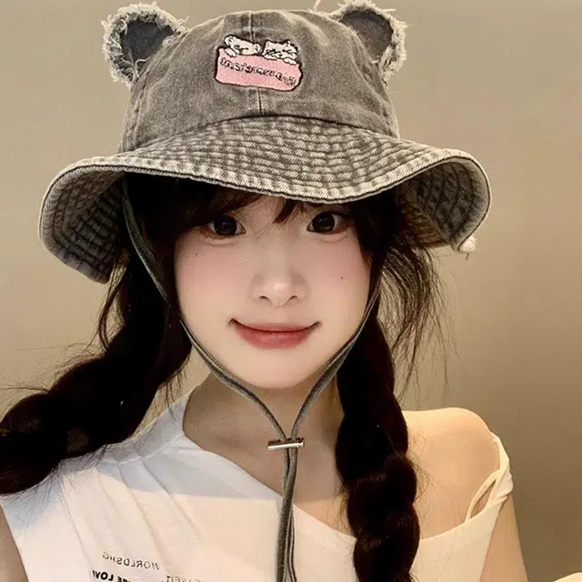 雅鹿 春夏季高颜值可爱小熊耳朵复古显脸小户外登山露营大檐防晒遮阳 牛仔布 渔夫帽 男女同款情侣款