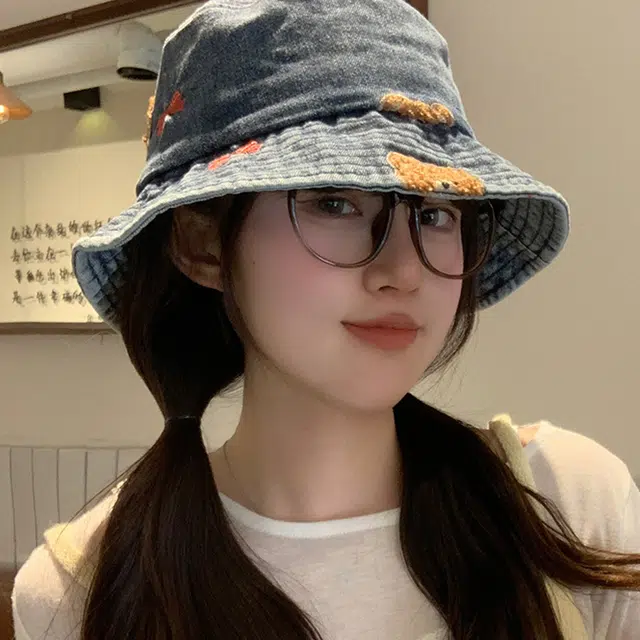 雅鹿 日系可爱小熊蝴蝶结甜美复古做旧显脸小户外登山露营大檐透气防晒遮阳 牛仔布 渔夫帽 男女同款情侣款