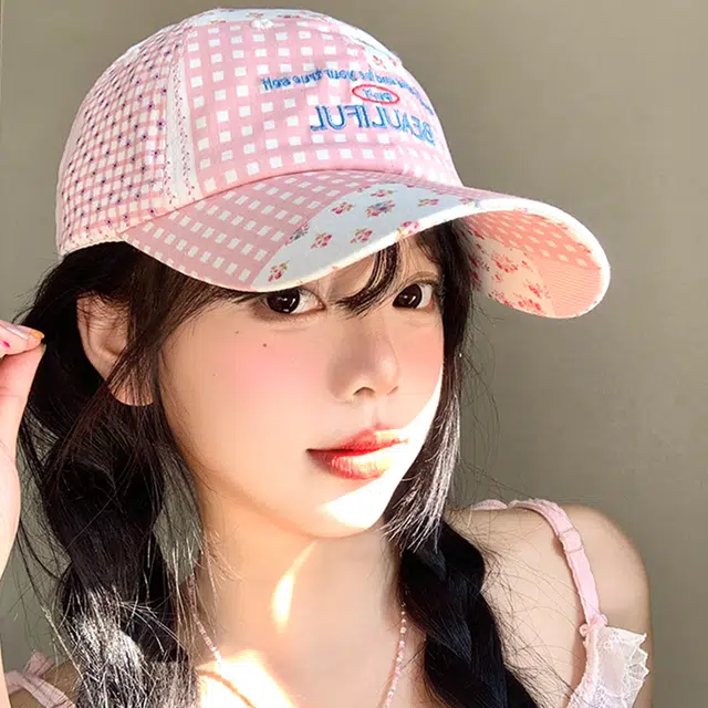 雅鹿 小清新碎花格纹拼接户外出游防晒遮阳时尚潮流百搭大头围显脸小 棉 鸭舌帽 男女同款情侣款